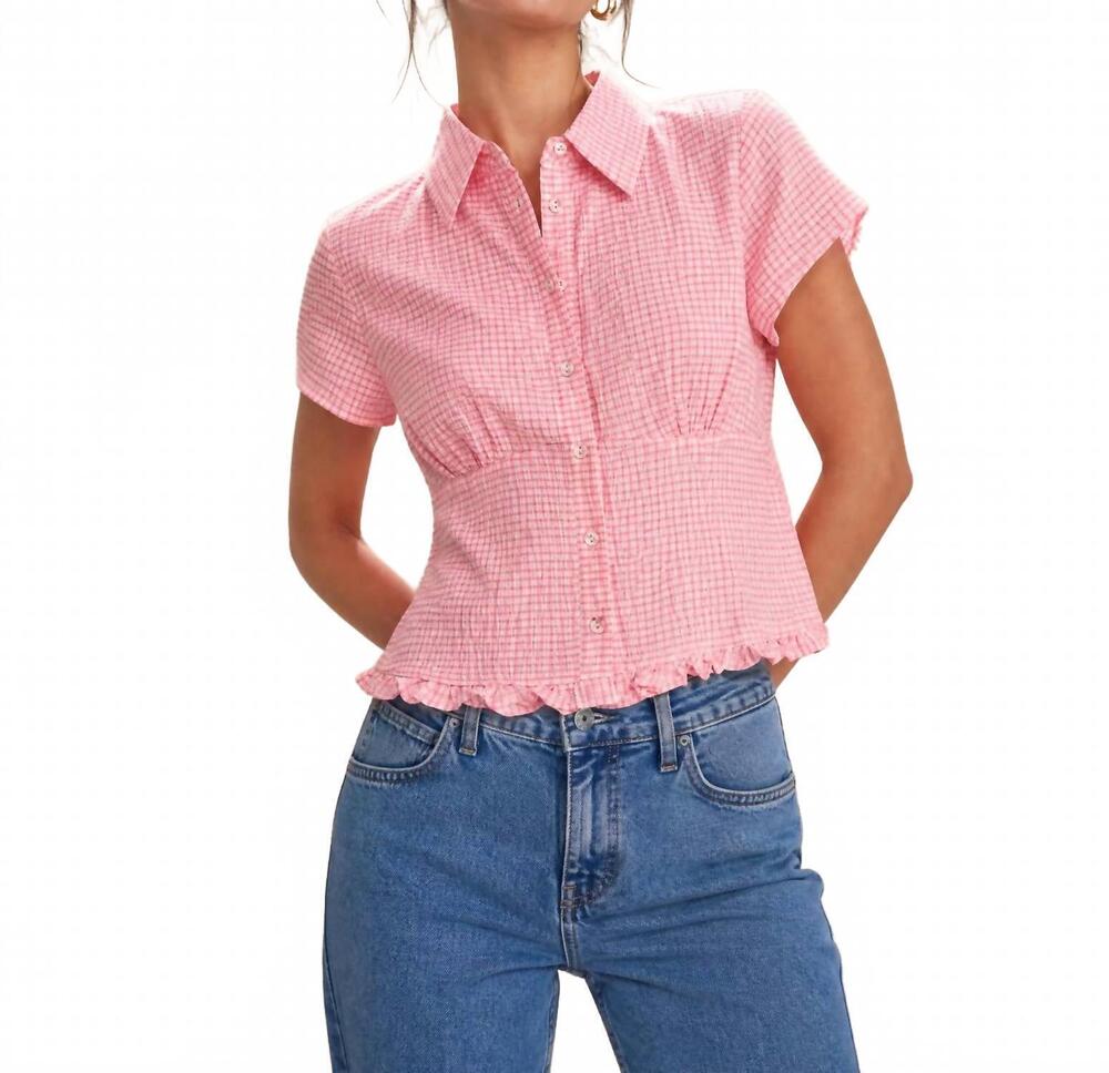 NEW URBAN DAIZY elara crinkle gingham short sleeve peplum blouse in pink/white